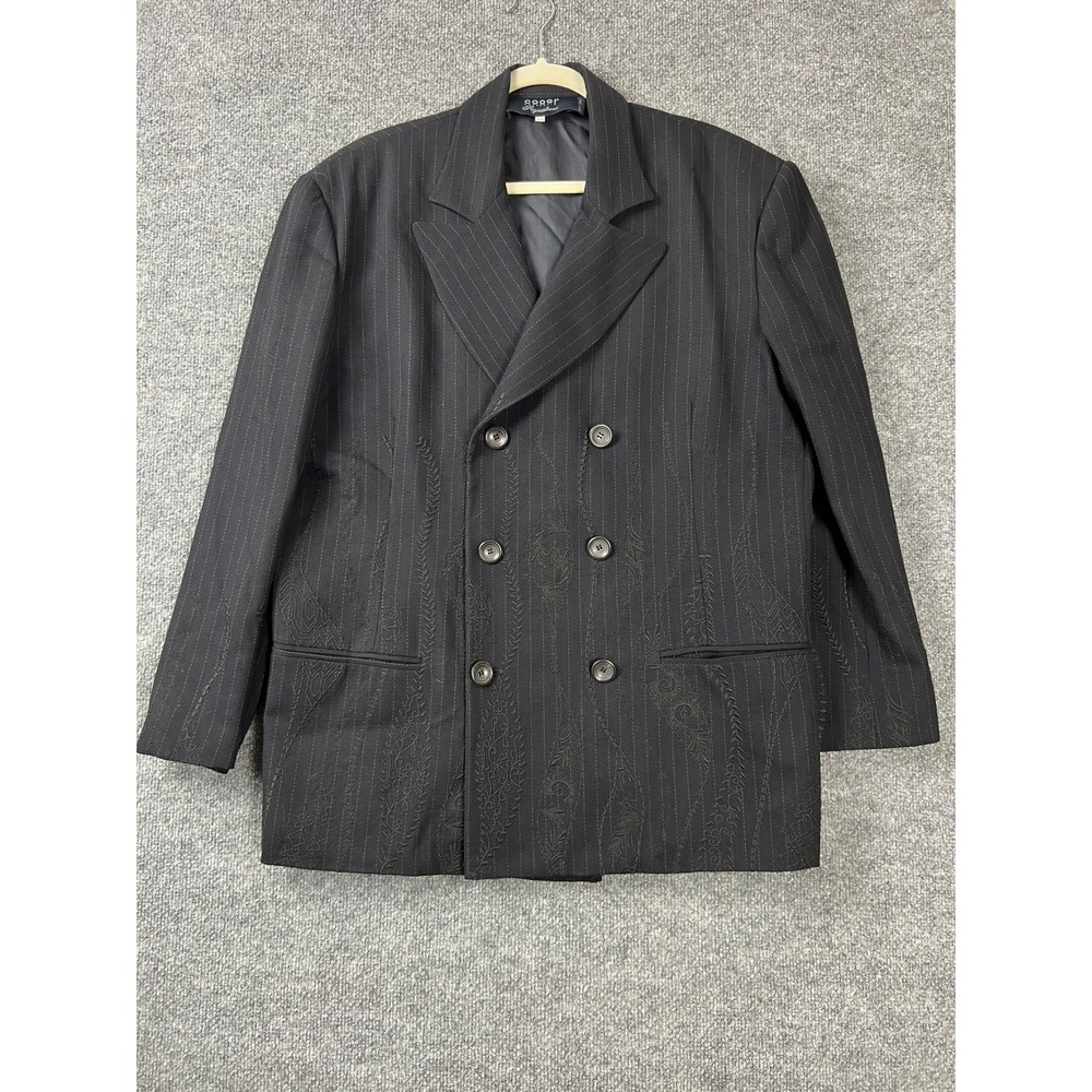 Coogi Signature Mens Black Pinstripe Embroidered Double Breasted Blazer Size 52